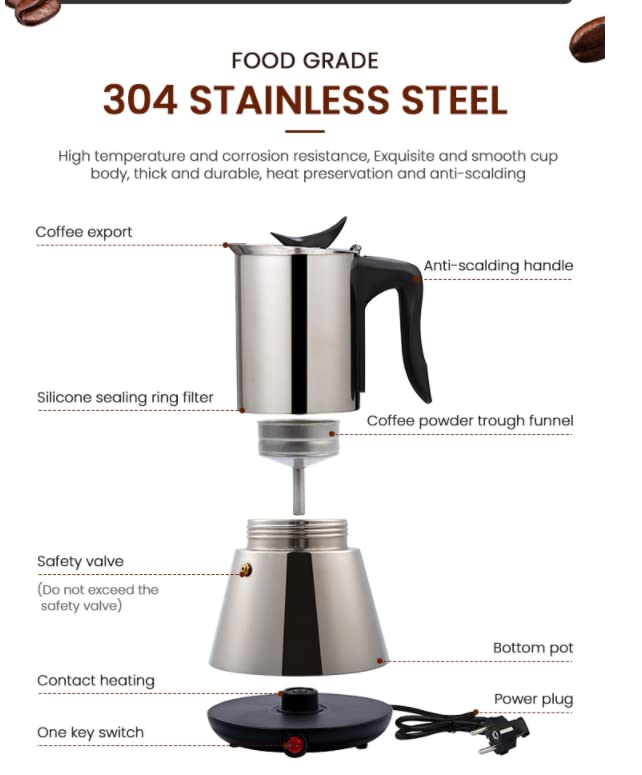 GDMI Coffee Maker Electric Stainless Steel Espresso American Coffee 300ml Moka Pot With Electric Stove