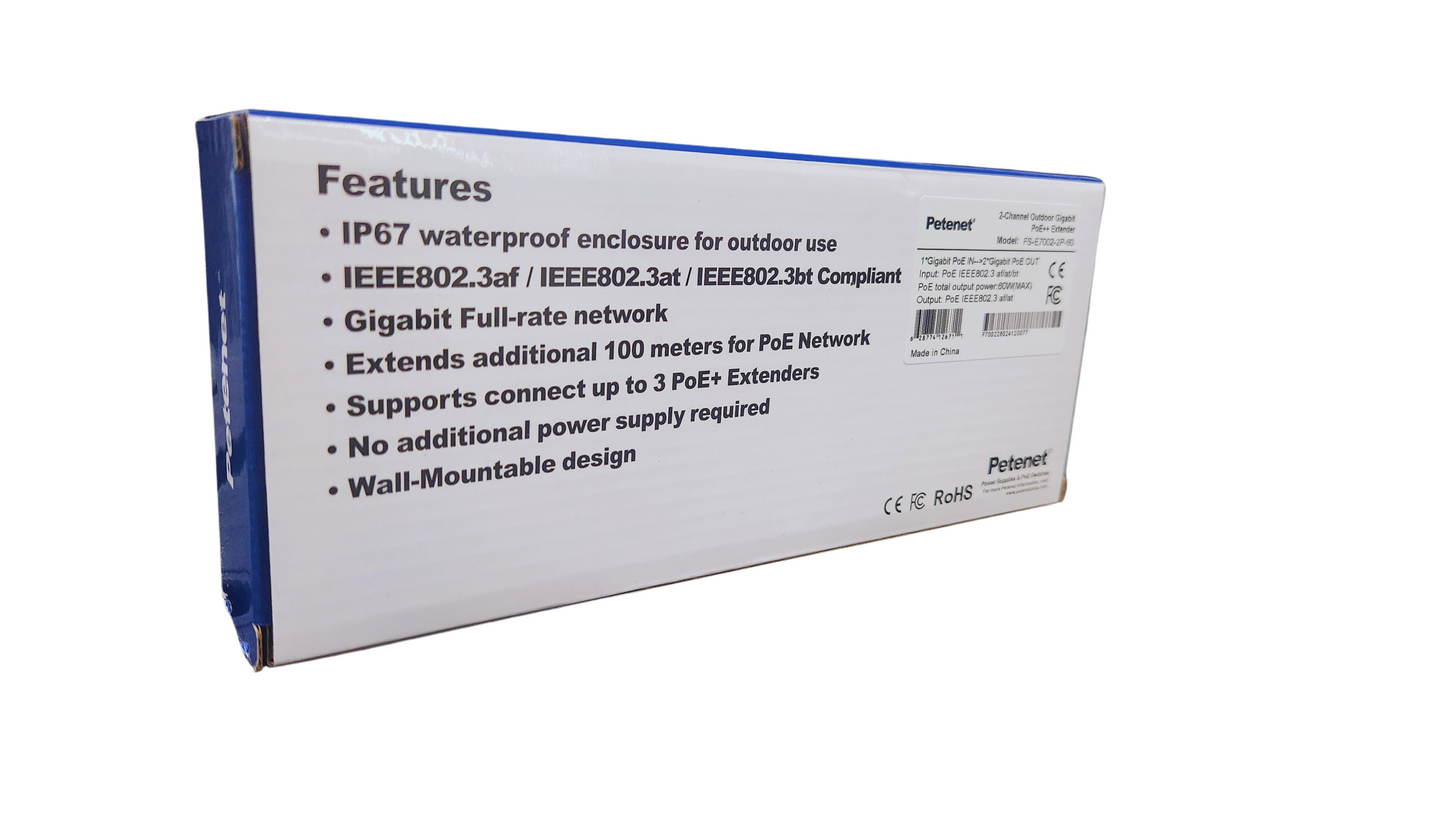 Petenet 2-Channel Outdoor Gigabit PoE++ Extender, WaterProof IP67, Aluminium Casing, 100 meters Repeater, 2 Output PoE Ports, 10/100/1000Mbps